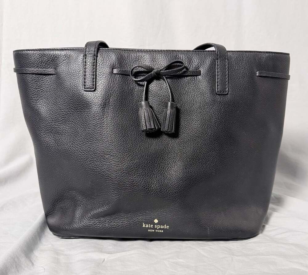 Kate Spade Hayes Street Black Pebbled Leather Bow Tassel Tote Bag